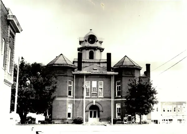 Black-and-white photograph of the historic Lawrence County courthouse with its clock tower