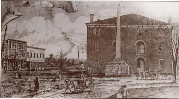 Antique engraving of early Lawrenceburg, with a tall monument beside a brick building