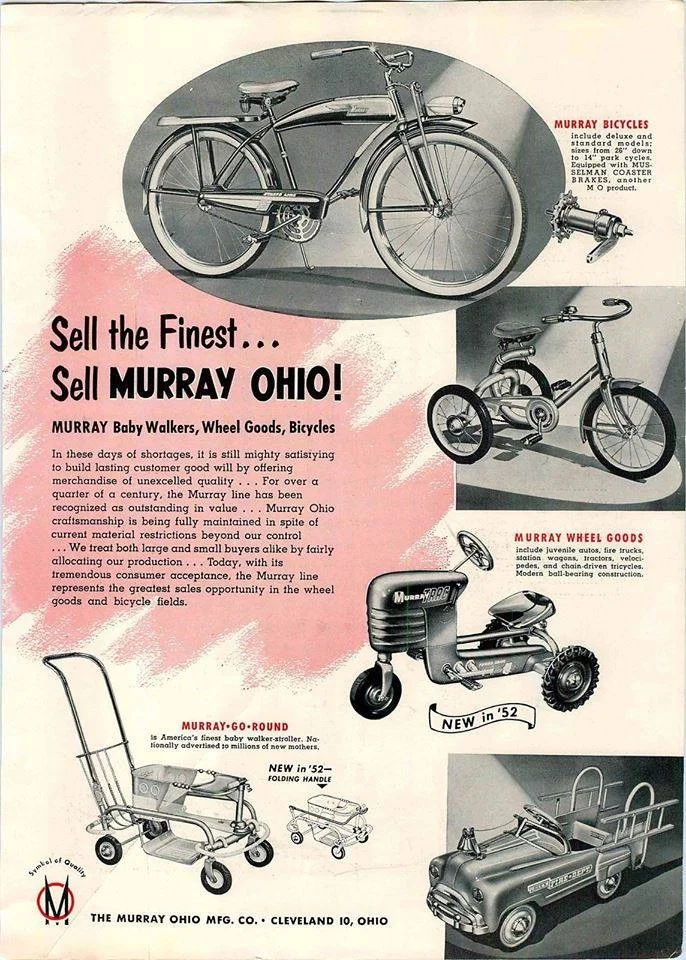 Vintage Murray Ohio advertisement showing bicycles and children's riding toys